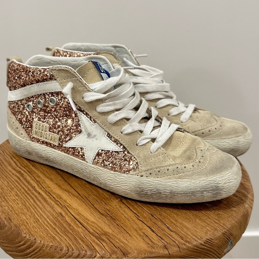 Golden Goose Rose Gold Glitter MidStars sz 38